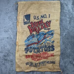 Vintage Sun Valley Idaho Potatoes Burlap Sack Bag Advertising Skier Paul Idaho